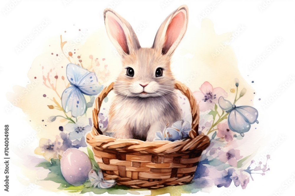 a watercolor painting of a bunny sitting in a basket with flowers and butterflies around it, with a butterfly on the side of the basket and a butterfly on the side of the basket. a watercolor painting of a bunny sitting in a basket with flowers and butterflies around it, with a butterfly on the side of the basket and a butterfly on the side of the basket.
