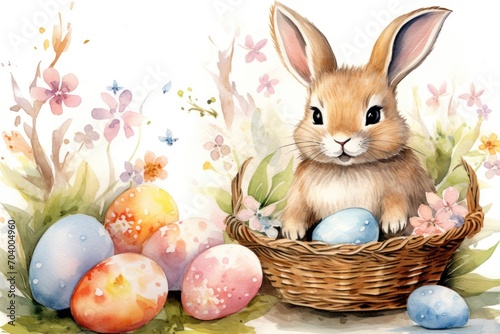  a watercolor painting of a rabbit sitting in a basket with painted eggs in front of flowers and butterflies on a white background with pink and blue and yellow flowers.