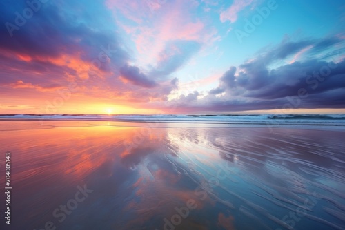  the sun is setting over the ocean with clouds in the sky and the water reflecting off of the sand and the water is reflecting off of the sand and the water.