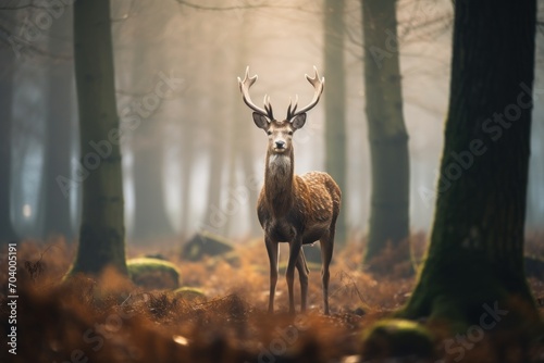  a deer standing in the middle of a forest with lots of trees and leaves on both sides of it s face and it s antlers in the foreground.