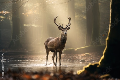  a deer standing in the middle of a forest with lots of leaves on the ground and sunlight streaming through the trees on the other side of the deer's head. © Shanti