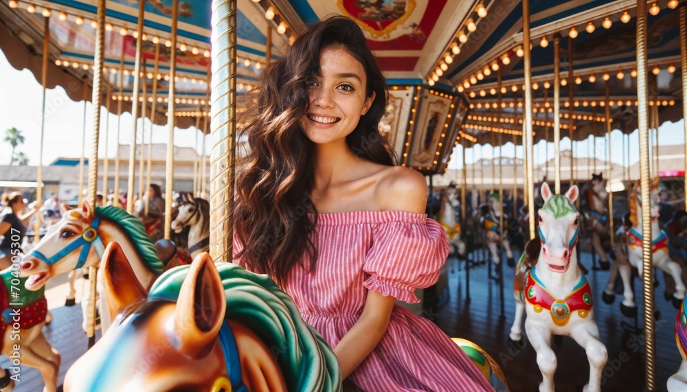 Joyful young girl on colorful carousel at amusement park, merry-go-round fun