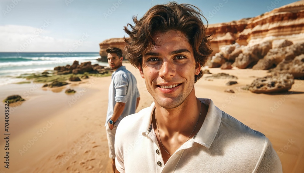 Summertime beach setting with a fashionable gay couple, chic and vibrant Summertime beach setting with a fashionable gay couple, chic and vibrant