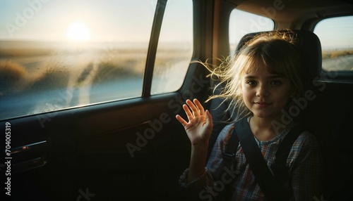 Child's happiness in car backseat, road trip adventure, cheerful travel photo