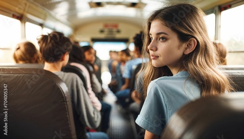 School bus interior with young teenagers traveling to school photo