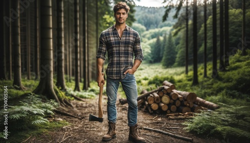 Handsome lumberjack posing with axe in forest setting photo