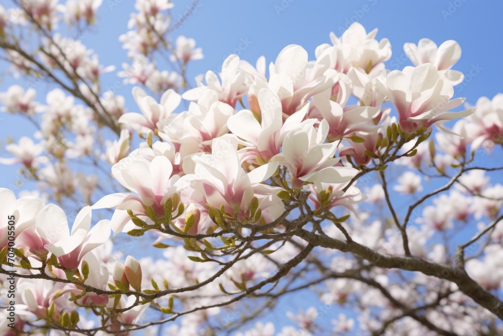  a blooming tree with white and pink flowers in the foreground and a blue sky with clouds in the backgrounnd, with a few white and pink flowers in the foreground.