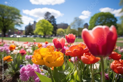  a field full of colorful flowers in the middle of a park with a blue sky and white clouds in the background and a few pink and yellow and orange tulips in the foreground.