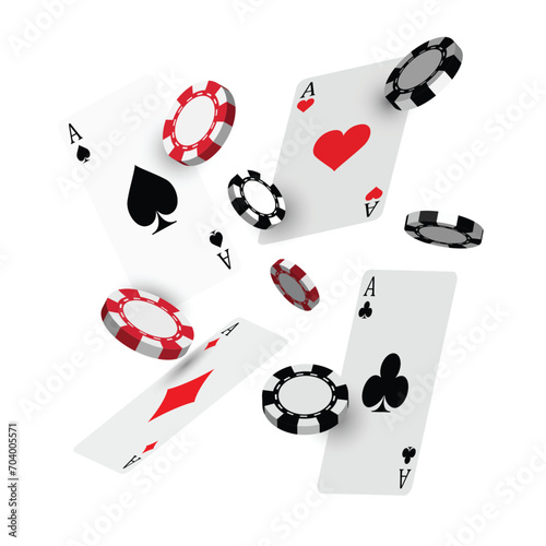 Realistic 3d falling poker card and casino chips on white background vector