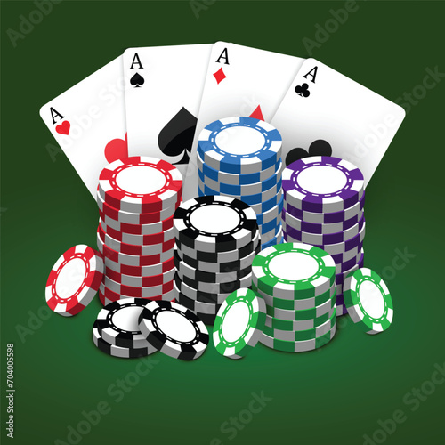 Casino chips with four pokers playing cards on green background vector