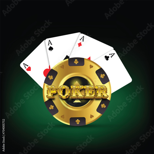 Realistic 3d golden casino chips with playing poker cards on green background vector