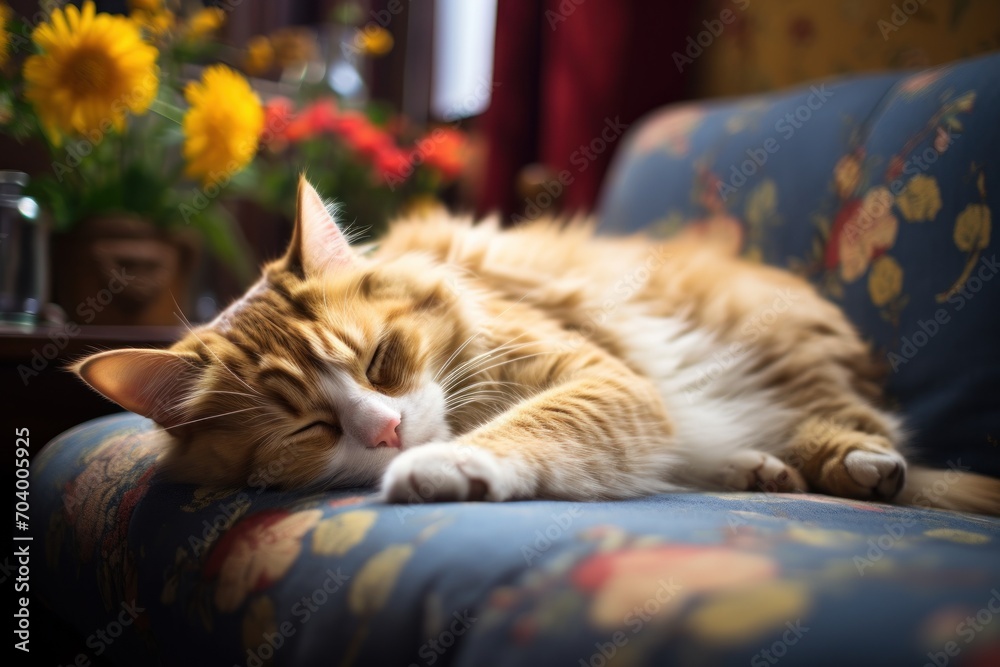 a close up of a cat laying on a couch with a vase of flowers in the background and a vase of flowers on the side of the couch in the foreground. a close up of a cat laying on a couch with a vase of flowers in the background and a vase of flowers on the side of the couch in the foreground.