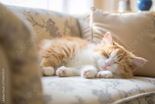  a small orange and white cat laying on a couch with its eyes closed and it's head resting on the arm of a chair with its paw on the arm of a pillow.