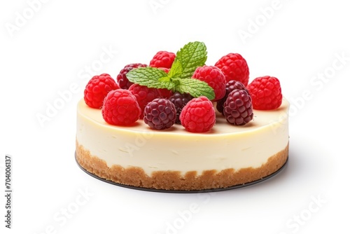  a cheesecake topped with fresh raspberries and a mint sprig on a white background with a clipping out of the top of the cheesecake.
