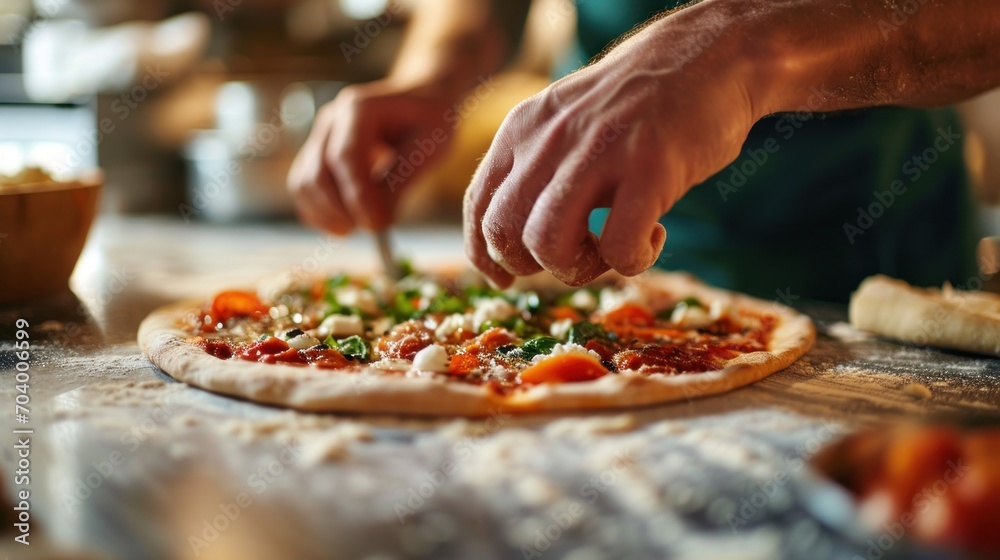  a close up of a person cutting a pizza on a table with a pizza cutter in front of a pizza on a table with other food and a bowl in the background.