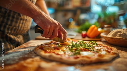  a close up of a person cutting a pizza on a table with other food on the table and a bowl of bread and a bowl of vegetables in the background.