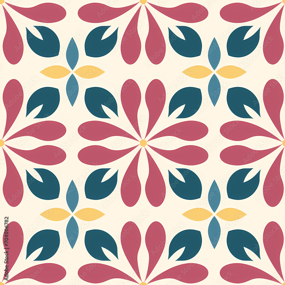 Moroccan style seamless pattern with blue and red flowers on light background. Mediterranean floral tile design for ceramic tiles, fabric, textile, home decor, stationery, scrapbooking,  decoupage