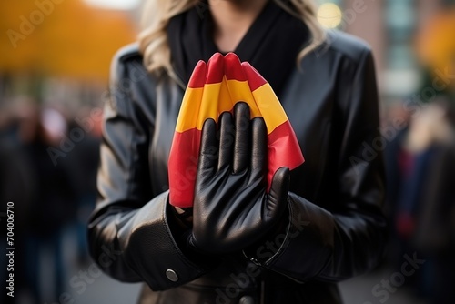 Close up of a woman in a black leather jacket holding a folded Spanish flag photo