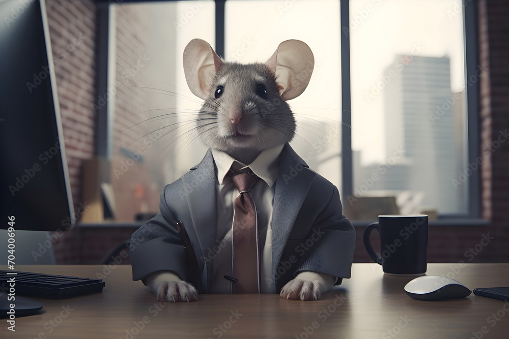 business mouse in suit sitting at a table in office, Generative AI - obrazy, fototapety, plakaty 