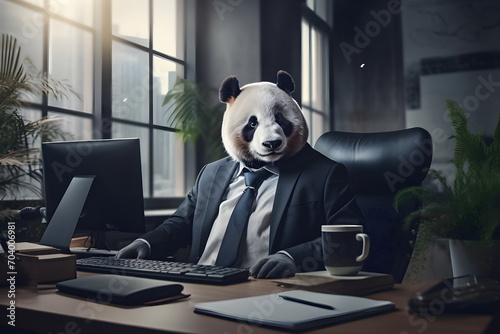 business panda bear in suit sitting at a table in office, Generative AI photo