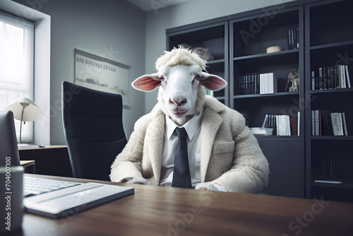 business sheep in suit sitting at a table in office, Generative AI