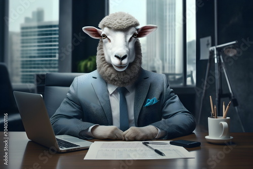 business sheep in suit sitting at a table in office, Generative AI