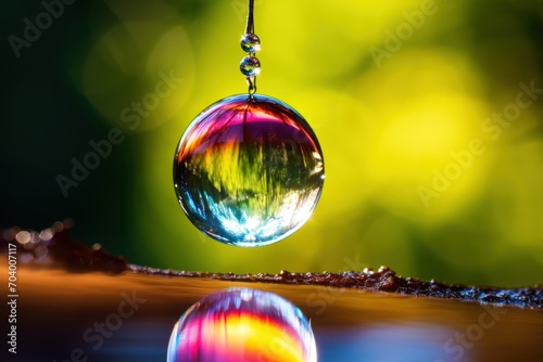  a drop of water sitting on top of a wooden table next to a green and yellow boke of light reflecting off of the surface of the drop of the water. © Shanti