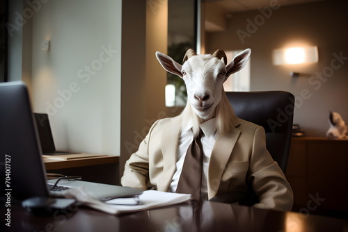 business goat in suit sitting at a table in office, Generative AI