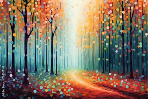  a painting of a colorful forest with lots of dots on the trees and a path leading to the light at the end of the forest is painted in bright colors.