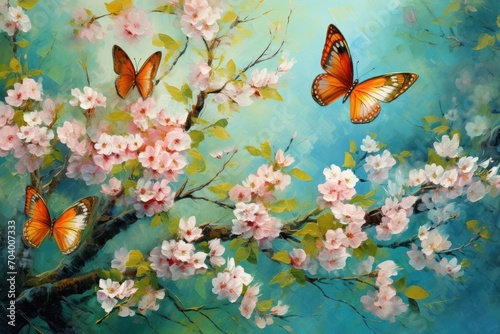  a painting of a tree with pink flowers and two orange butterflies flying over the branches of a blossoming tree with white and pink flowers on a blue sky background.