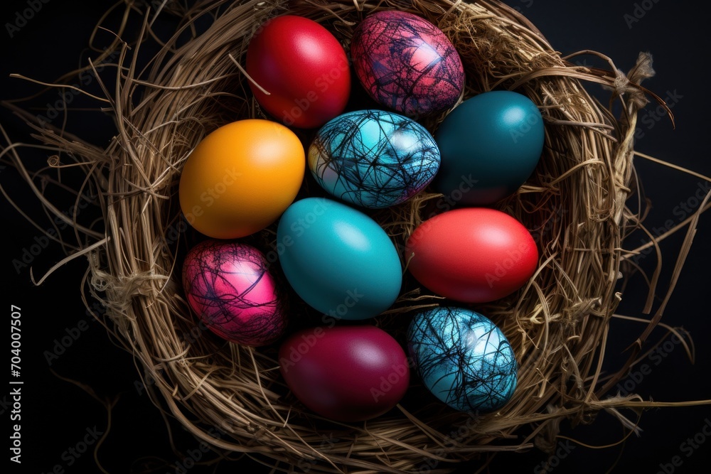 a bunch of colorful easter eggs in a nest on a black background with a black background and a red, orange, blue, and yellow egg in the middle. a bunch of colorful easter eggs in a nest on a black background with a black background and a red, orange, blue, and yellow egg in the middle.