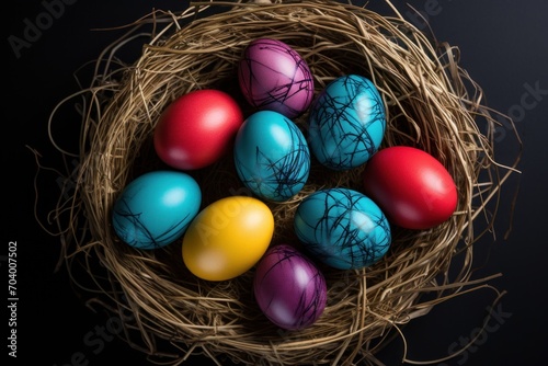  a bird nest filled with colored eggs on top of a black background with the words happy easter written across the top of the eggs in the center of the nest.