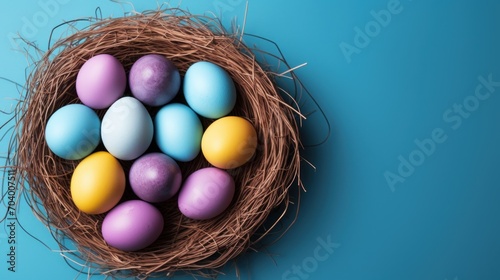  a bird's nest filled with colored eggs on a blue background with copy - up space for a message or an easter card or post - it's message.