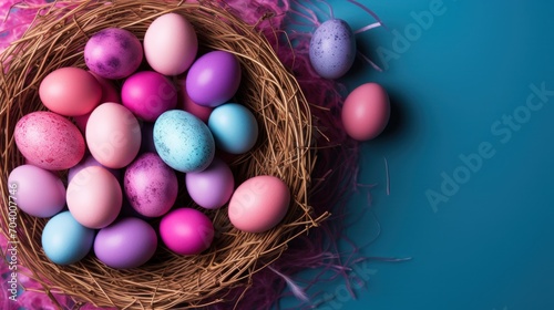  a bird's nest filled with colored eggs on a blue and pink background with a few pink and blue speckled eggs in the center of the nest,.