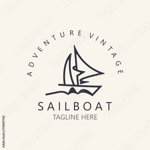 Sailboat vintage logo minimalist with wave, travel yacth or sailing boat vector design