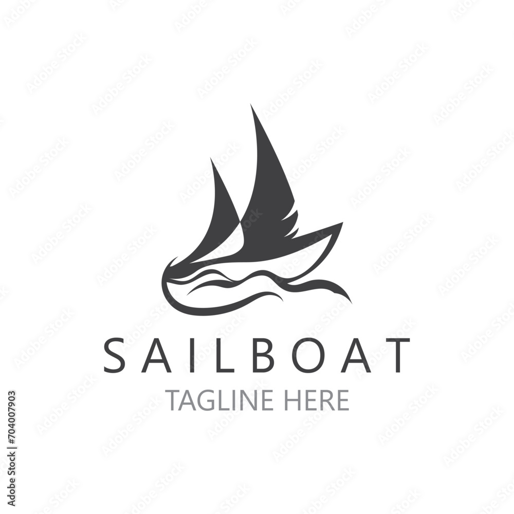 Sailboat vintage logo minimalist with wave, travel yacth or sailing boat vector design