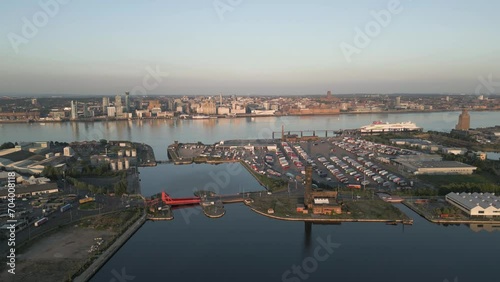 Aerial view of Birkenhead Docks East Float with Liverpool in background, Wirral, Mereseyside, England photo