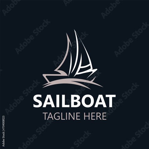 Sailboat vintage logo minimalist with wave, travel yacth or sailing boat vector design