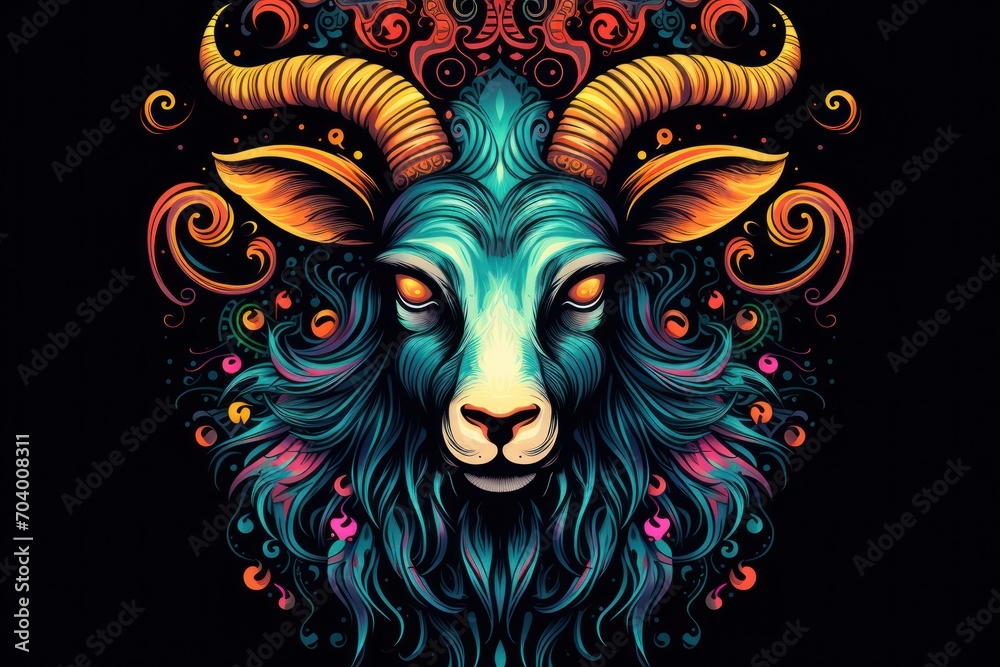  a painting of a ram's head on a black background with colorful swirls and swirls around the ram's head and the ram's head.