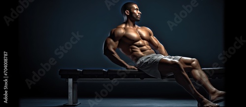 Muscular shirtless man sitting on a bench and resting after a workout.