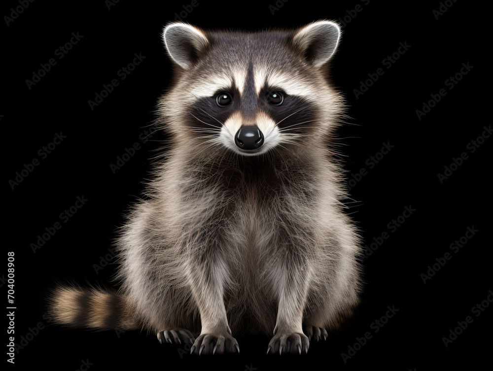 Young raccoon sitting and looking forward on a black background