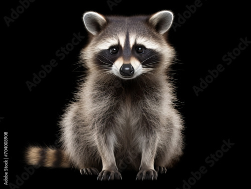 Young raccoon sitting and looking forward on a black background