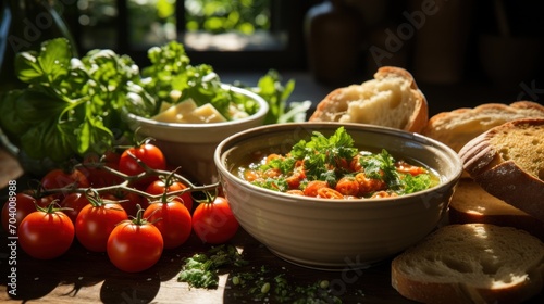  a bowl of soup surrounded by bread, tomatoes, parsley, 