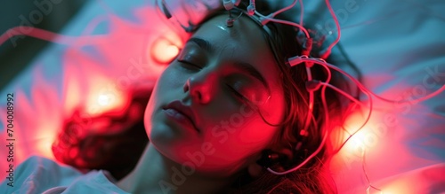 A girl is testing her brain activity by sleeping while wearing EEG electrodes. photo
