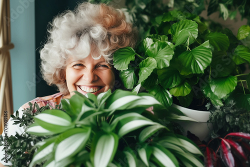 Mature woman taking care about houseplant and holding pot of houseplant. Home gardening, Plant care