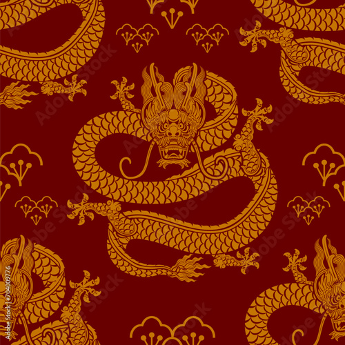 Seamless pattern happy chinese new year 2024 the dragon zodiac sign with asian elements paper cut style on color background.   Translation   happy new year 2024 year of the dragon  