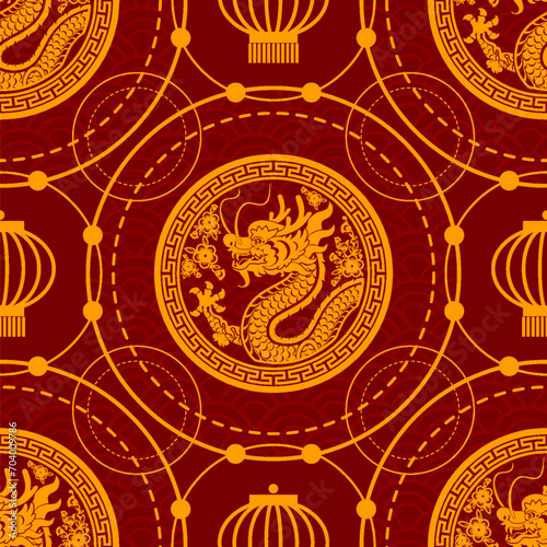 Wallpaper Mural Seamless pattern happy chinese new year 2024 the dragon zodiac sign with asian elements paper cut style on color background. ( Translation : happy new year 2024 year of the dragon ) Torontodigital.ca