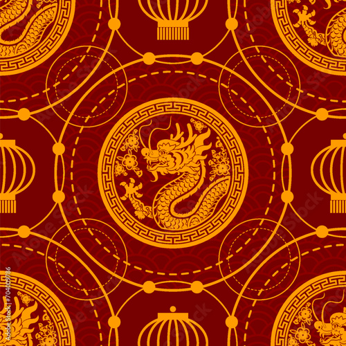 Seamless pattern happy chinese new year 2024 the dragon zodiac sign with asian elements paper cut style on color background.   Translation   happy new year 2024 year of the dragon  