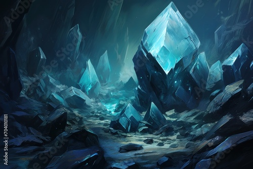  a painting of rocks and ice in a cave with a bright light coming from the top of one of the rocks and ice on the other side of the cave.