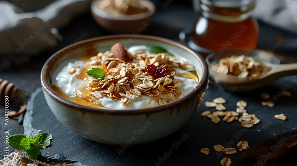 Homemade yogurt with granola and honey in a bowl, selective focus Homemade yogurt with granola and honey in a bowl, selective focus